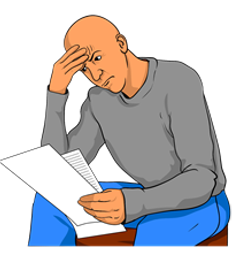 Man with a concerned expression reading a document, representing the challenges of understanding hard words and seeking help in advocacy contexts.